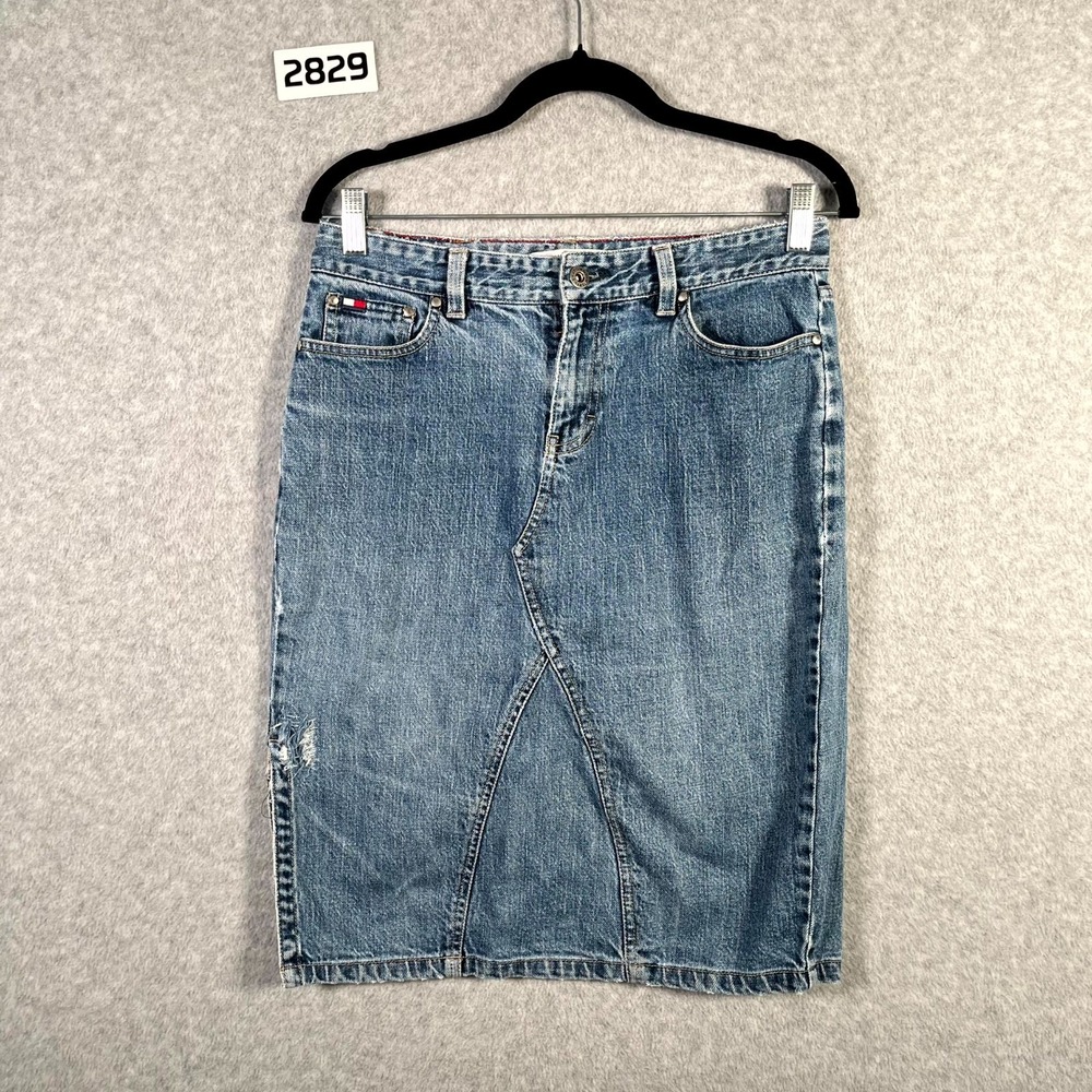 Tommy Hilfiger Straight & Pencil Denim Skirt Women 4 Blue Medium Wash Distressed